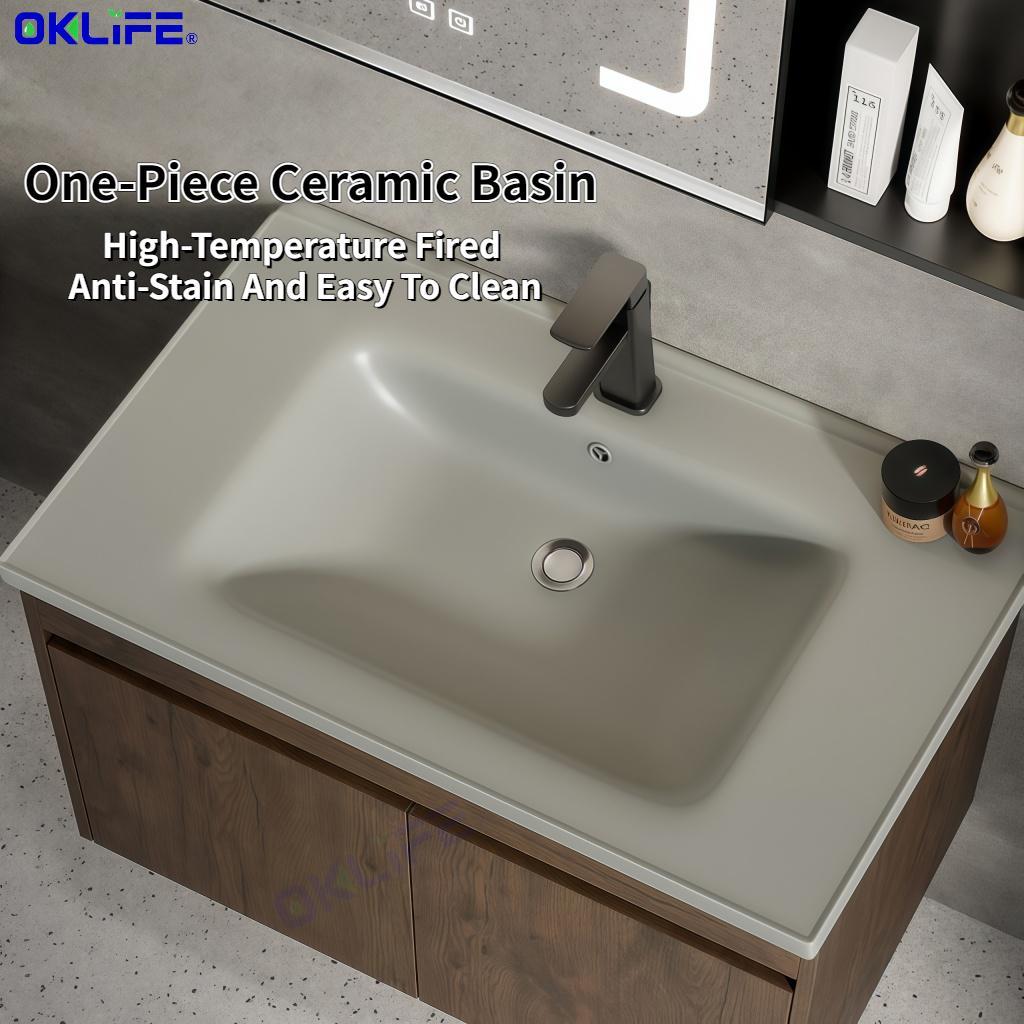 Nordic walnut bathroom cabinet with ceramic washbasin small apartment bathroom vanity combo alternate view