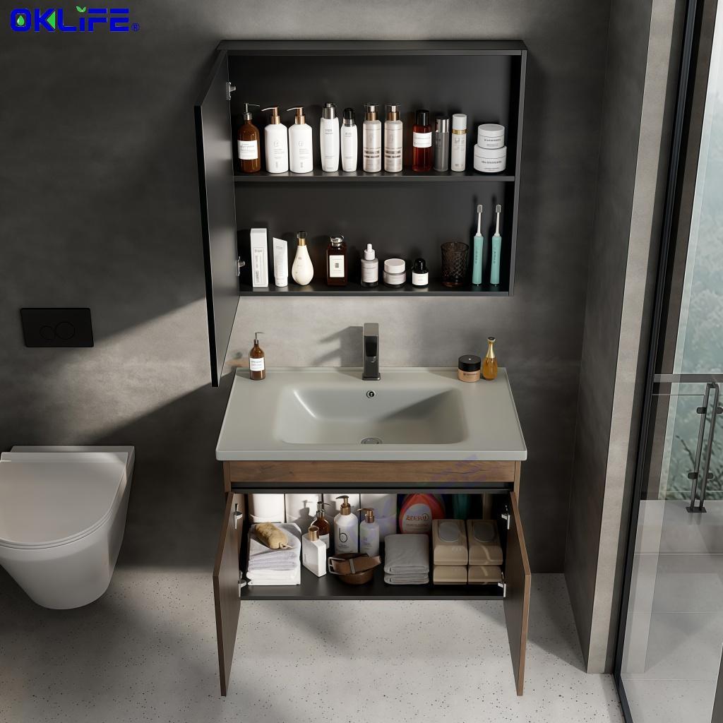 Nordic walnut bathroom cabinet with ceramic washbasin small apartment bathroom vanity combo view 3