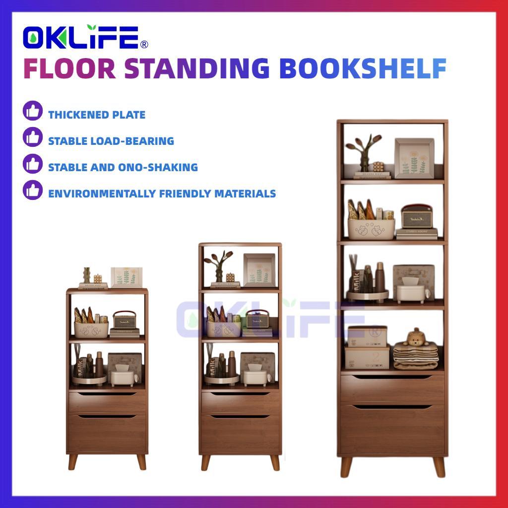 Tall Narrow Bookshelf with Drawers Wooden Storage Cabinet Open Shelf Unit for Bedroom Living Room