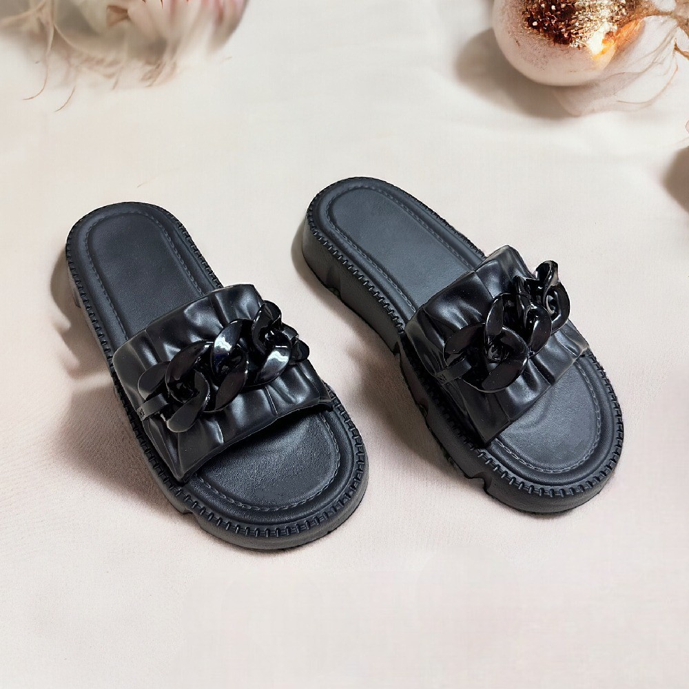 POPmaker shop Sandal Slop Wanita YU11 - Sendal Karet dengan Motif Kerut Rantai Simple, Desain Minimalis, Nyaman & Ringan untuk Daily Use COD - Gambar 2