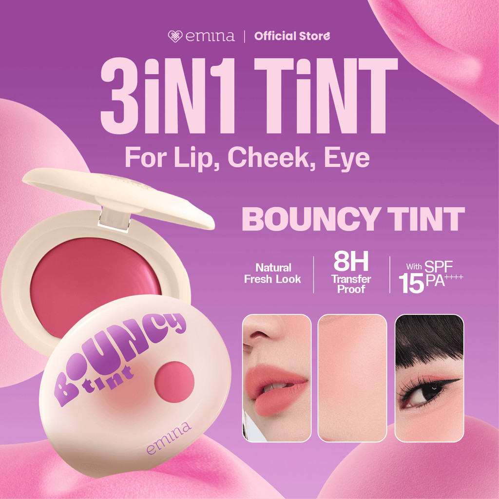 Emina Bouncy Tint 3 in 1 Lip Cheek, Eye Blurry Lip Color SPF 15 PA+++ / Merah Jingga Official - Gambar 2