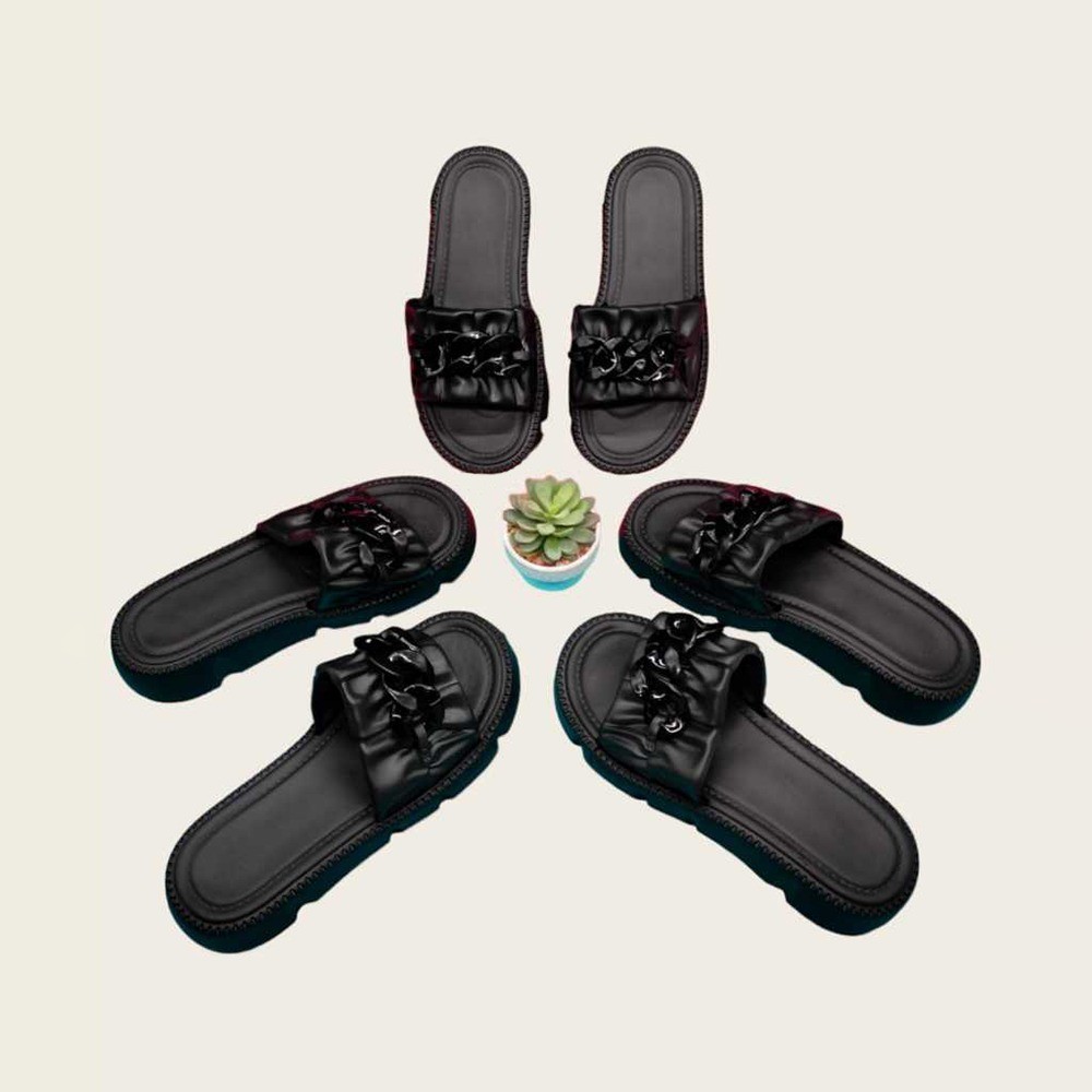 POPmaker shop Sandal Slop Wanita YU11 - Sendal Karet dengan Motif Kerut Rantai Simple, Desain Minimalis, Nyaman & Ringan untuk Daily Use COD - Gambar 4