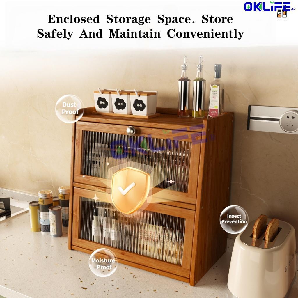 Natural Bamboo Countertop Cabinet Fluted Glass Door Kitchen Spice Rack Organizer for Home view 9
