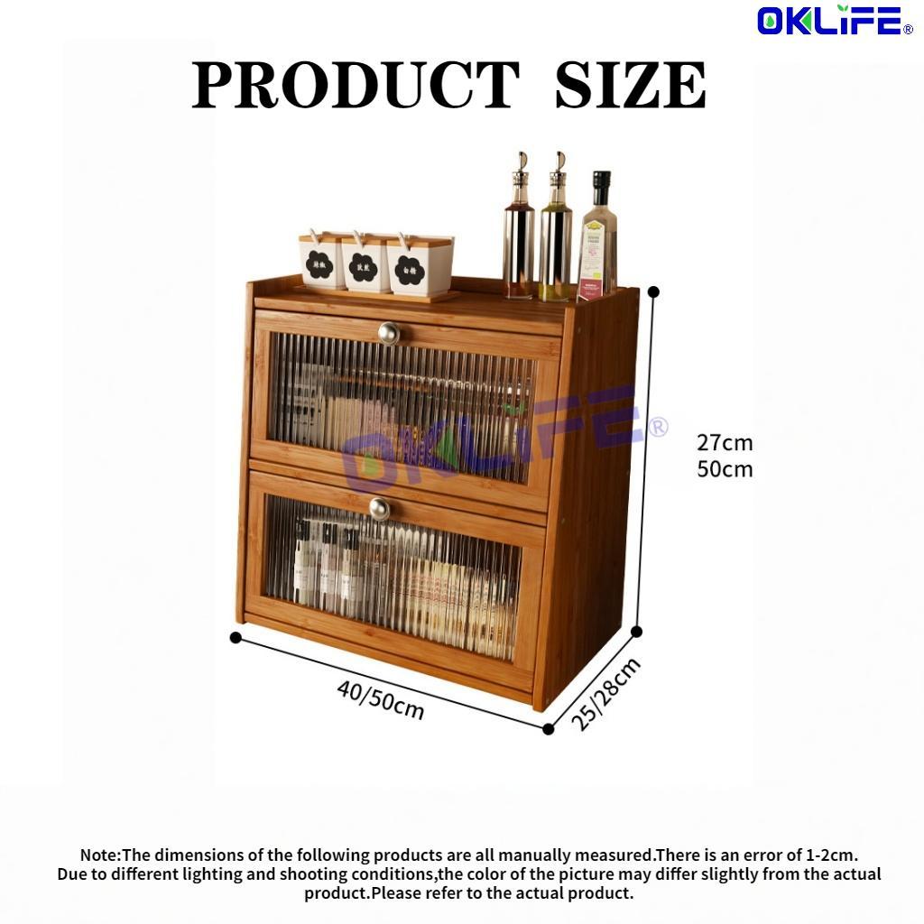 Natural Bamboo Countertop Cabinet Fluted Glass Door Kitchen Spice Rack Organizer for Home view 6