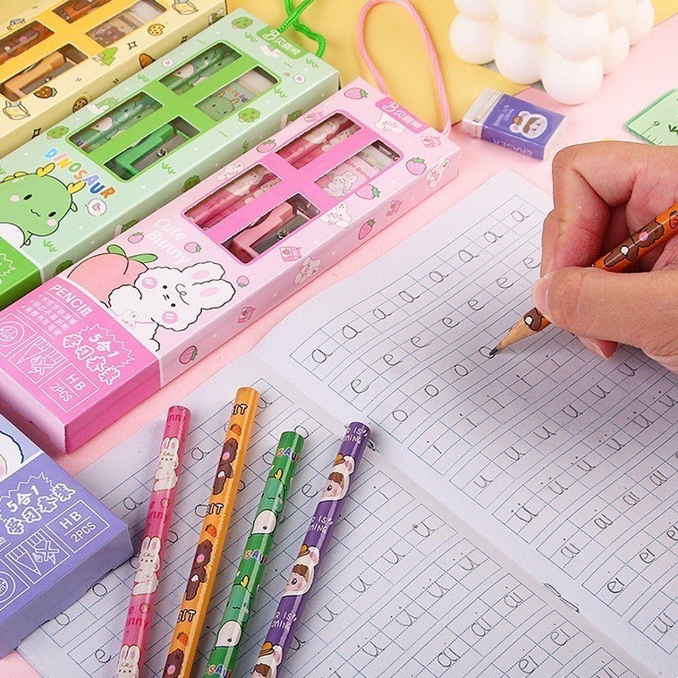 POPmaker shop Set Alat Tulis Sekolah 5 in 1 H641 / Isi 5pcs Motif Karakter​ - Set Lengkap Pensil, Serutan, Penghapus COD - Gambar 2
