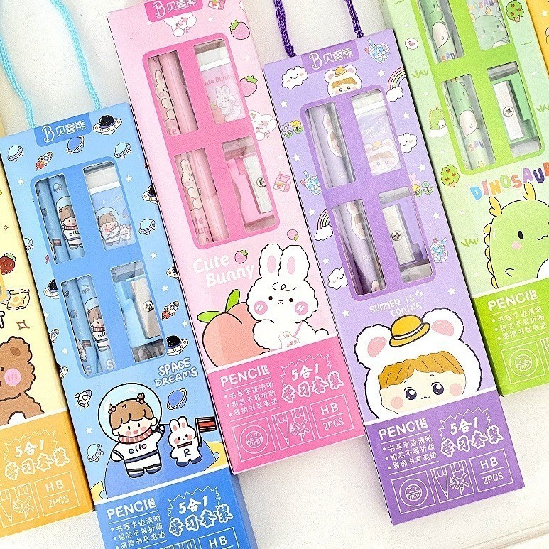 POPmaker shop Set Alat Tulis Sekolah 5 in 1 H641 / Isi 5pcs Motif Karakter​ - Set Lengkap Pensil, Serutan, Penghapus COD - Gambar 3