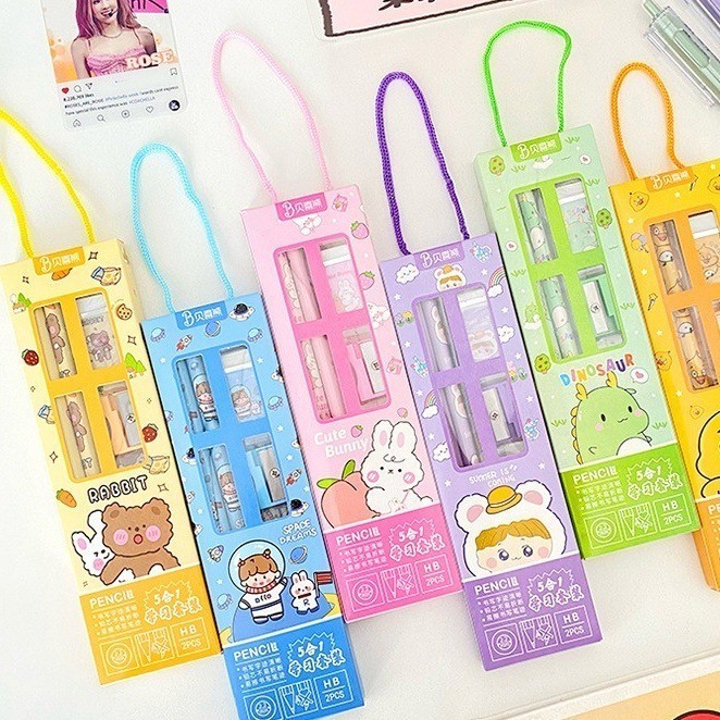 POPmaker shop Set Alat Tulis Sekolah 5 in 1 H641 / Isi 5pcs Motif Karakter​ - Set Lengkap Pensil, Serutan, Penghapus COD - Gambar 4