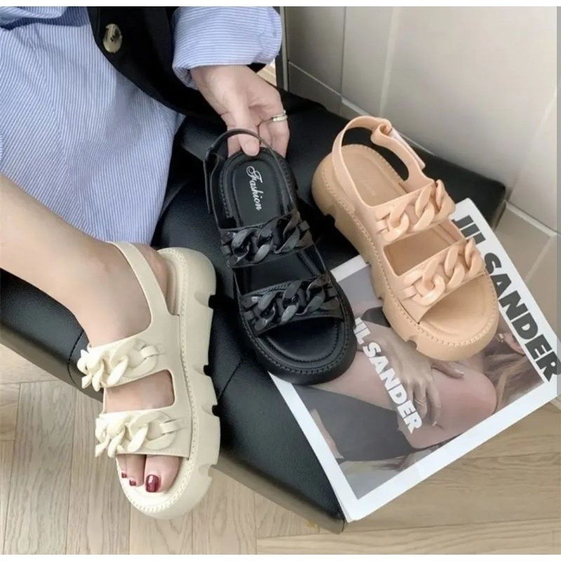 POPmaker shop Sandal Wanita SP55 - Sandal Karet Jelly Wedges Platform dengan Tali Double Strap Tebal Motif, Sandal Gunung untuk Outdoor, Desain Trendy dan Nyaman COD - Gambar 2