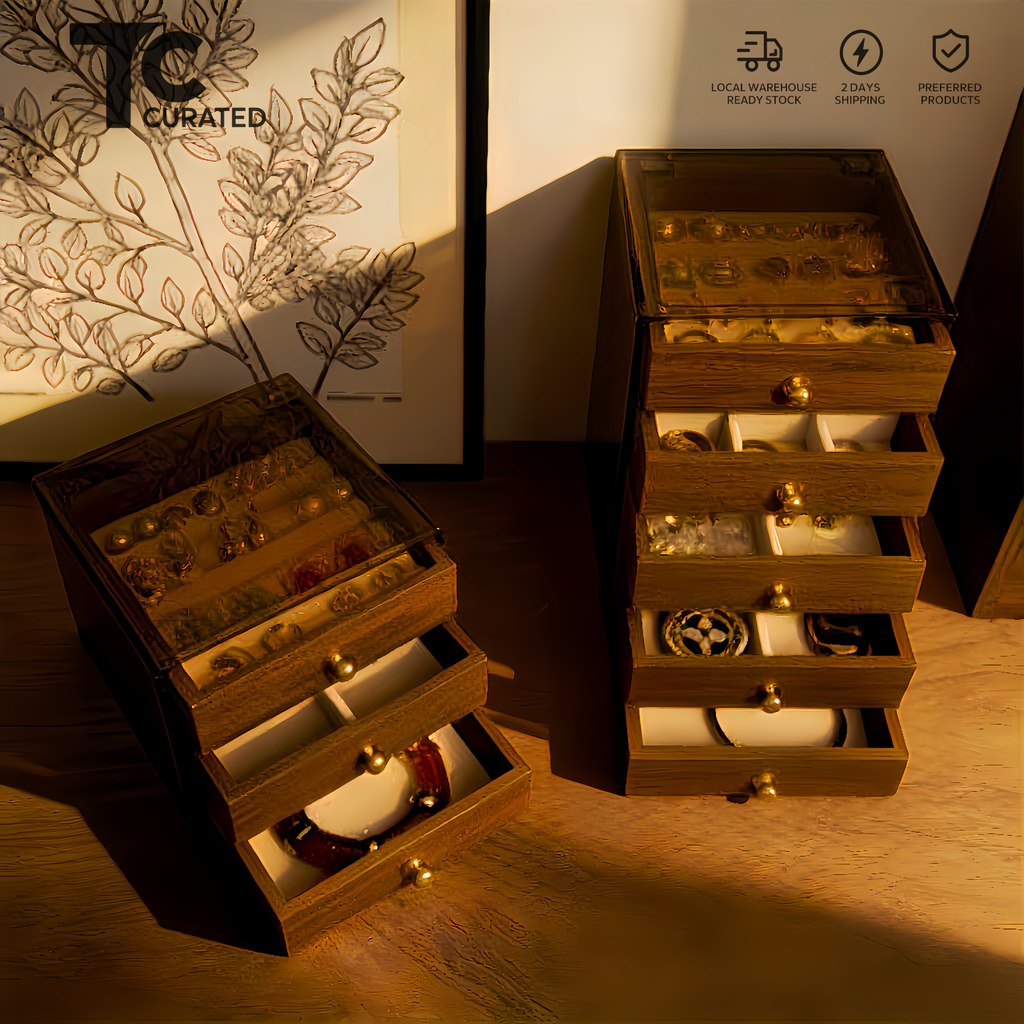 【SG STOCK】Jewellery Box Walnut Wood Grain Jewellery Tray Retro Display ...