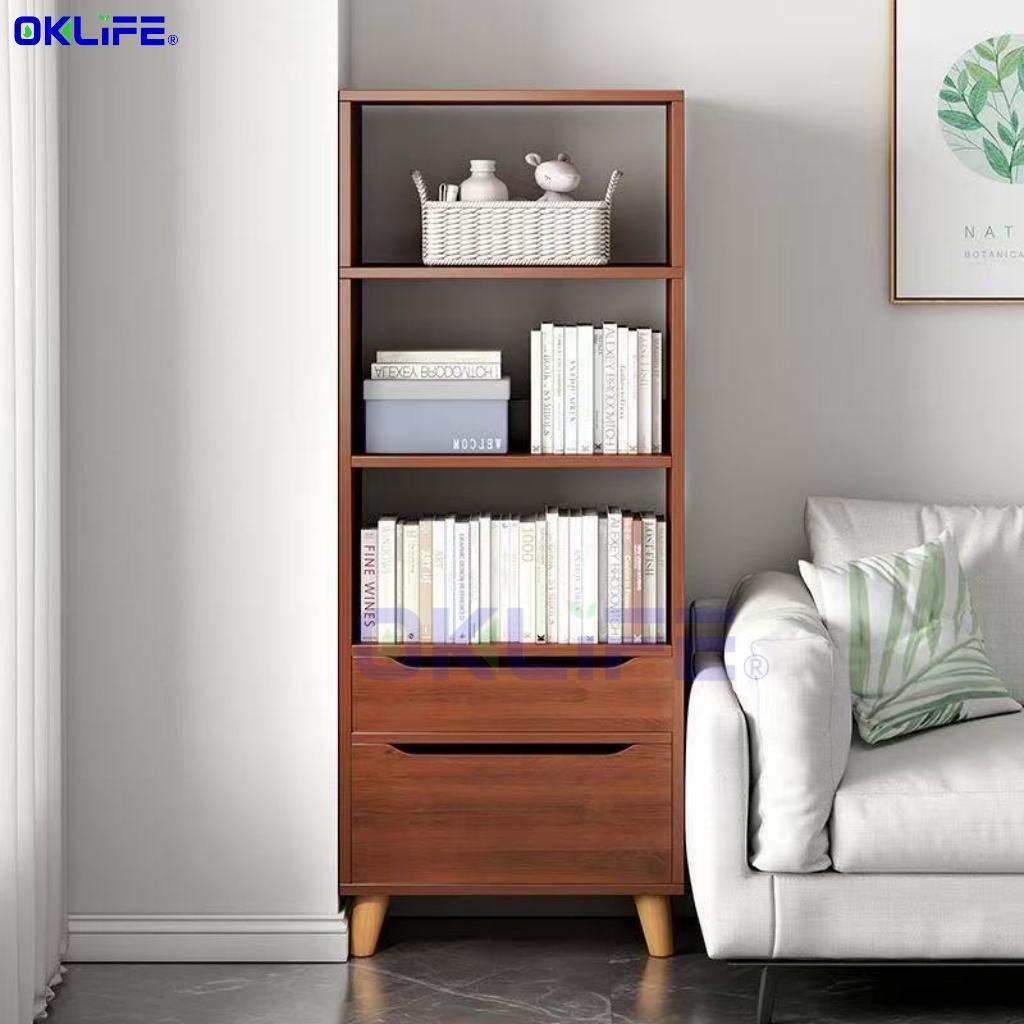 Tall Narrow Bookshelf with Drawers Wooden Storage Cabinet Open Shelf Unit for Bedroom Living Room view 3