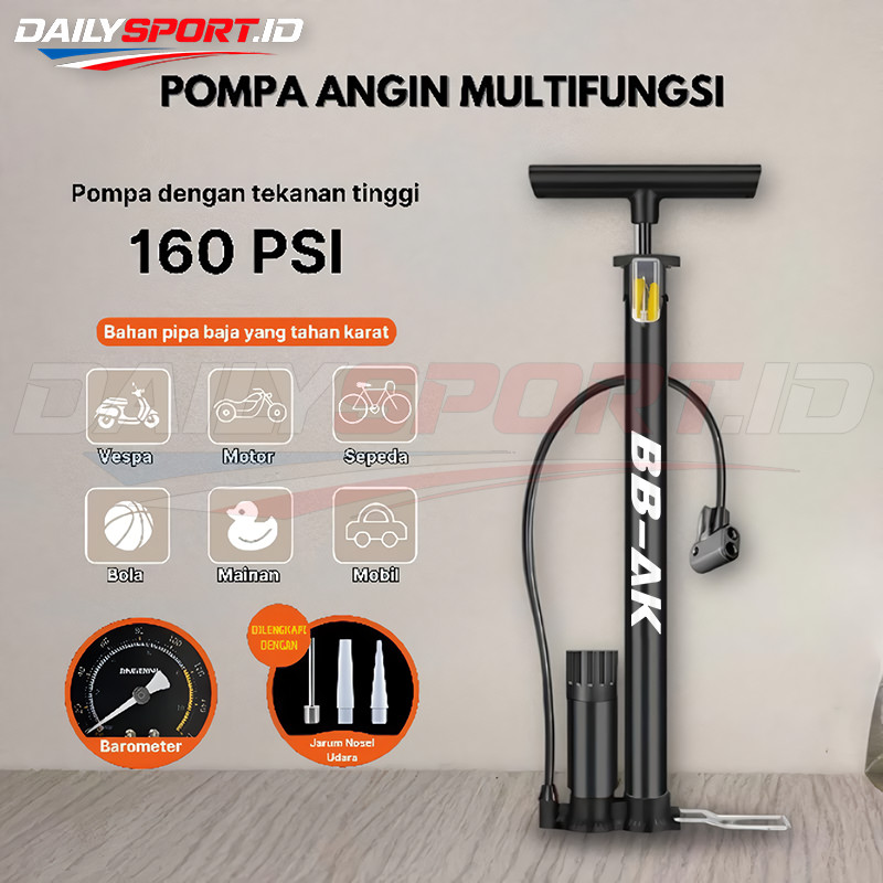 Pompa Angin Portable Bertekanan Tinggi dengan Tabung BaroMeter 160 PSI, Pompa Ban Mobil Motor Sepeda dan Bola, Desain Keren Kuat Praktis untuk Perjalanan dan Darurat