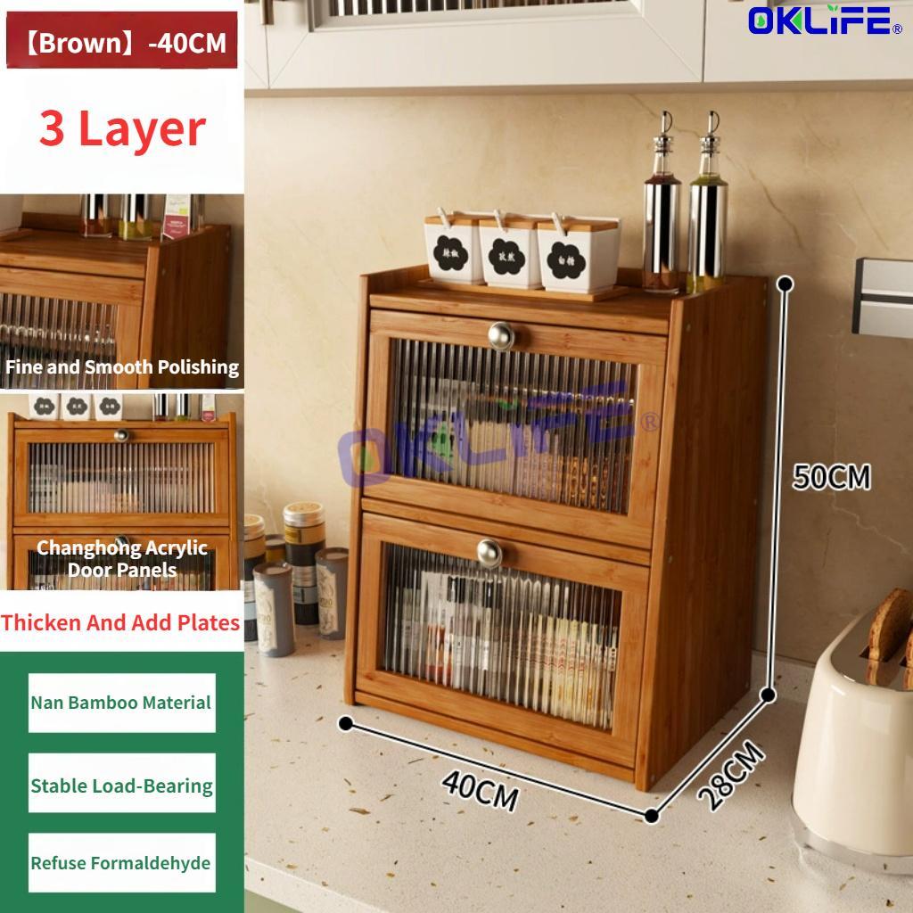 Natural Bamboo Countertop Cabinet Fluted Glass Door Kitchen Spice Rack Organizer for Home view 11