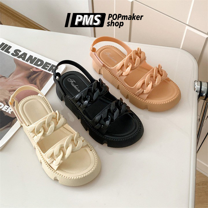 POPmaker shop Sandal Wanita SP55 - Sandal Karet Jelly Wedges Platform dengan Tali Double Strap Tebal Motif, Sandal Gunung untuk Outdoor, Desain Trendy dan Nyaman COD