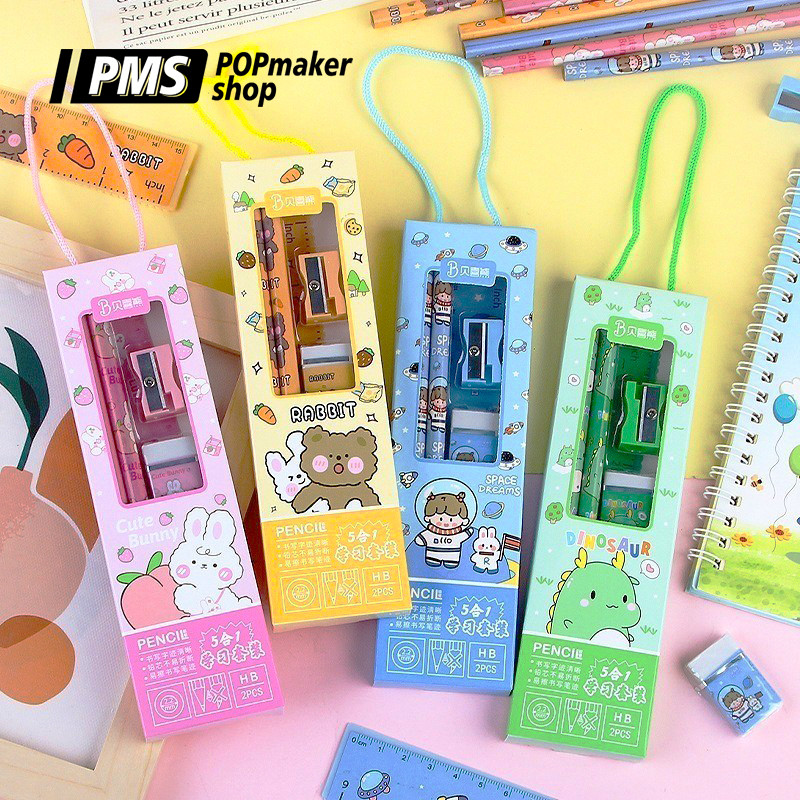 POPmaker shop Set Alat Tulis Sekolah 5 in 1 H641 / Isi 5pcs Motif Karakter​ - Set Lengkap Pensil, Serutan, Penghapus COD