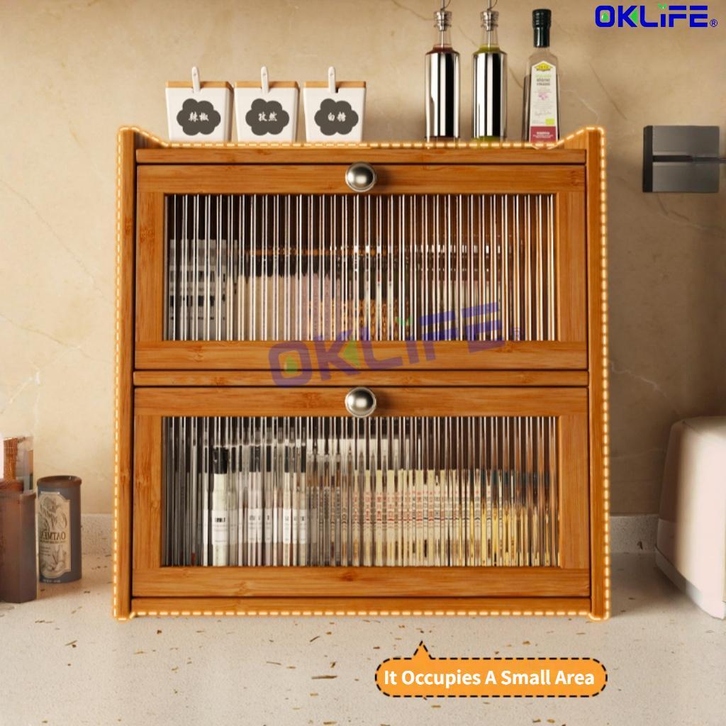 Natural Bamboo Countertop Cabinet Fluted Glass Door Kitchen Spice Rack Organizer for Home view 5