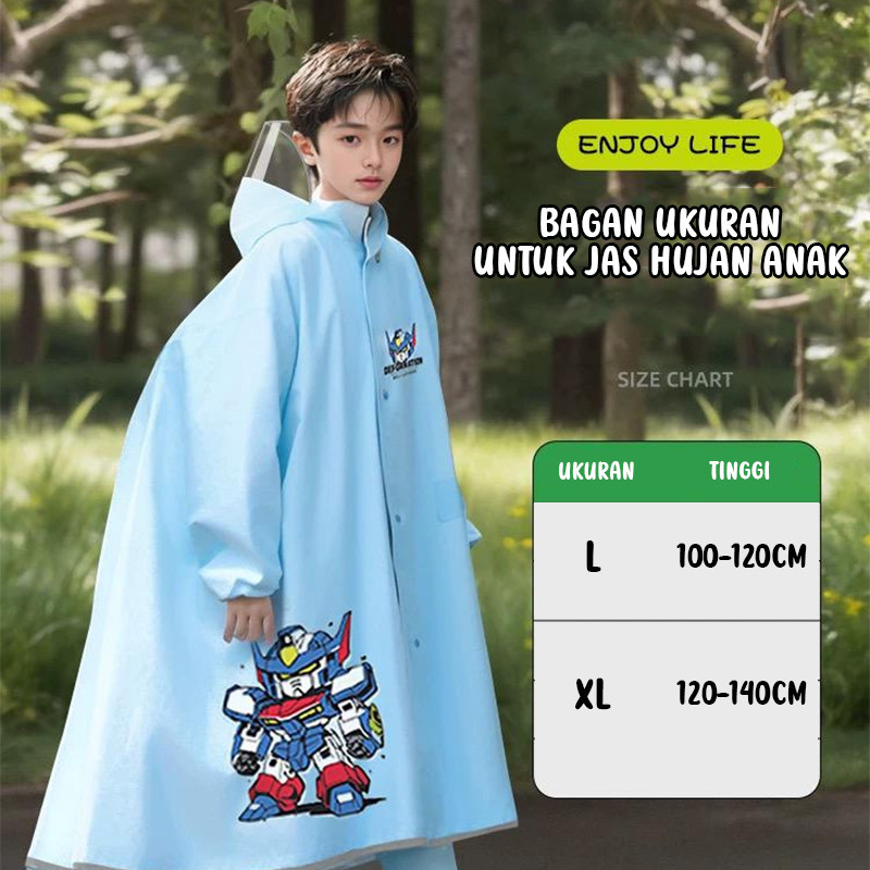 Jas Hujan Anak Bahan EVA Ringan Tahan Air dengan Sleting Kancing dan Topi Motif Kartun untuk Anak Usia 5–12 Tahun - Gambar 2