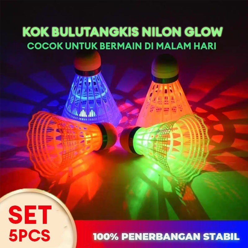 Paket 5 Pcs Kok Bulutangkis Nilon Glow in The Dark Tahan Angin dengan Penerbangan Stabil untuk Latihan Indoor Outdoor Malam Hari - Gambar 3