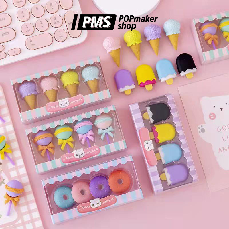 POPmaker shop Penghapus HC Set 4 Pcs H511 - Penghapus Karet Lucu Bentuk Es Krim, Donat, Lolipop & Pensil Karakter untuk Anak Sekolah, Eraser Bentuk Makanan yang Sweet & Fun COD