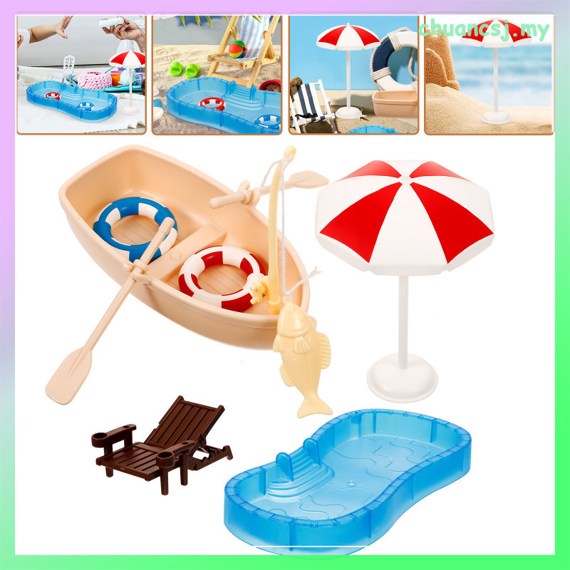1Set Miniature House Swim Pool Kit with Deck Chair Boat Plastic Model ...