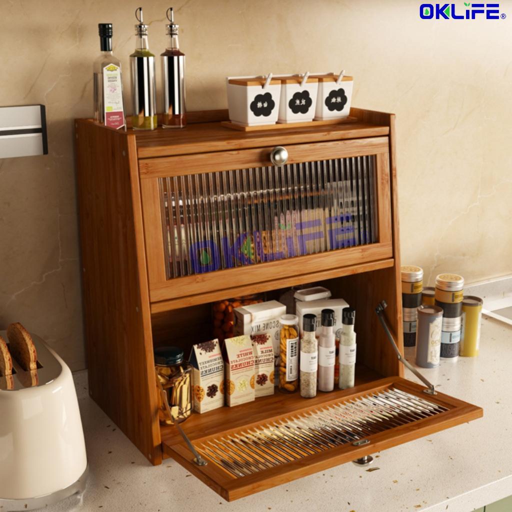 Natural Bamboo Countertop Cabinet Fluted Glass Door Kitchen Spice Rack Organizer for Home view 4