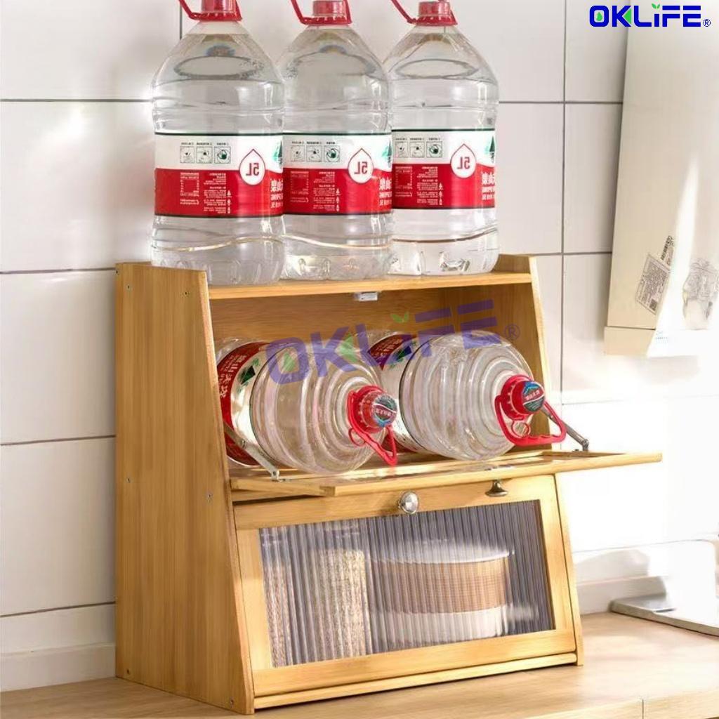Natural Bamboo Countertop Cabinet Fluted Glass Door Kitchen Spice Rack Organizer for Home view 3