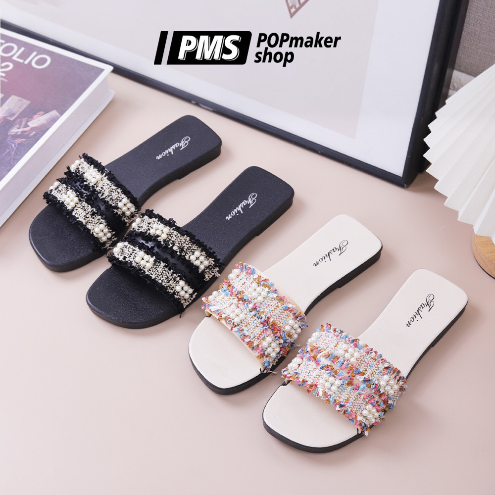 POPmaker shop Sandal Karet Wanita Flat YU75 / Sandal Mutiara Cantik​ - Desain Kekinian dengan Bahan Karet yang Nyaman COD