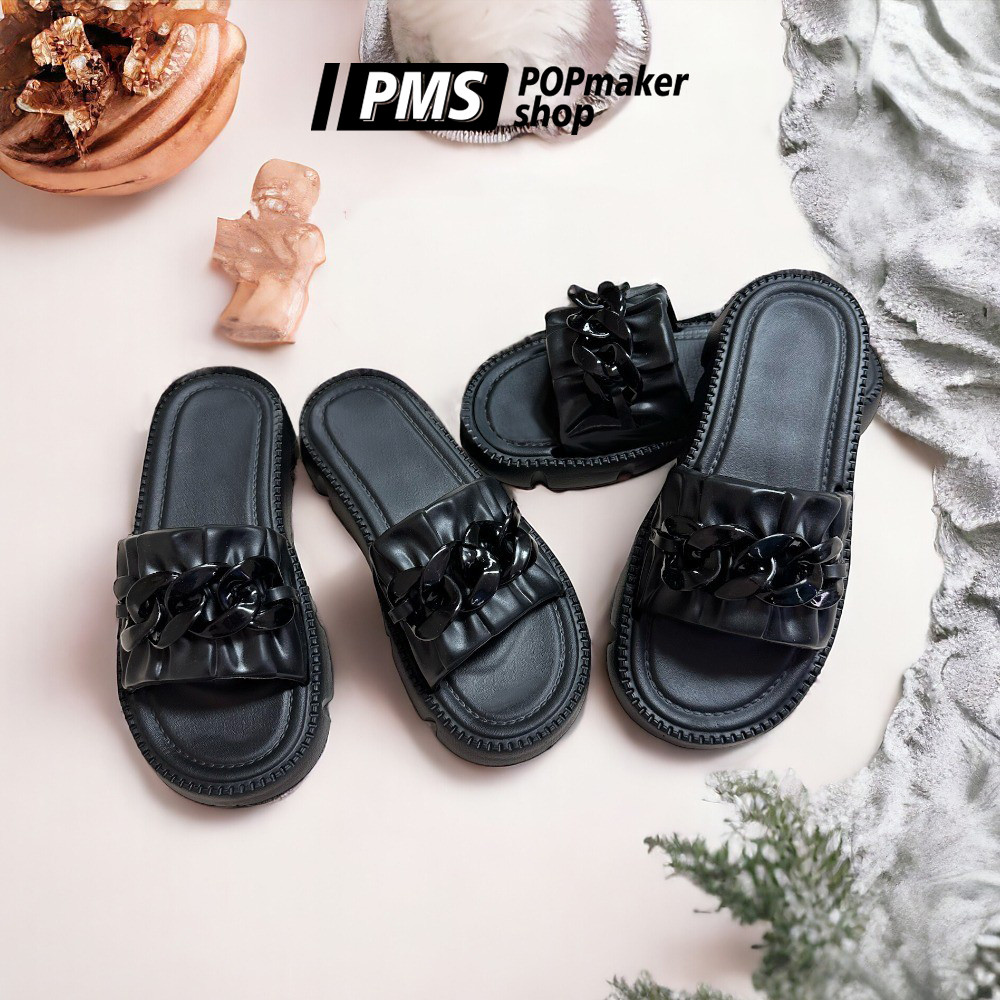 POPmaker shop Sandal Slop Wanita YU11 - Sendal Karet dengan Motif Kerut Rantai Simple, Desain Minimalis, Nyaman & Ringan untuk Daily Use COD
