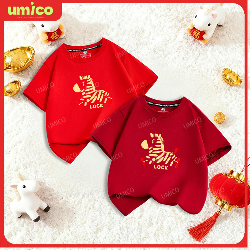 UMICO 2026 Year of the Horse Kids CNY T-Shirt LUCK Horse Red Cotton Tee ...