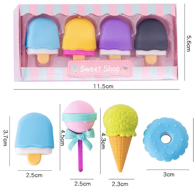 POPmaker shop Penghapus HC Set 4 Pcs H511 - Penghapus Karet Lucu Bentuk Es Krim, Donat, Lolipop & Pensil Karakter untuk Anak Sekolah, Eraser Bentuk Makanan yang Sweet & Fun COD - Gambar 3
