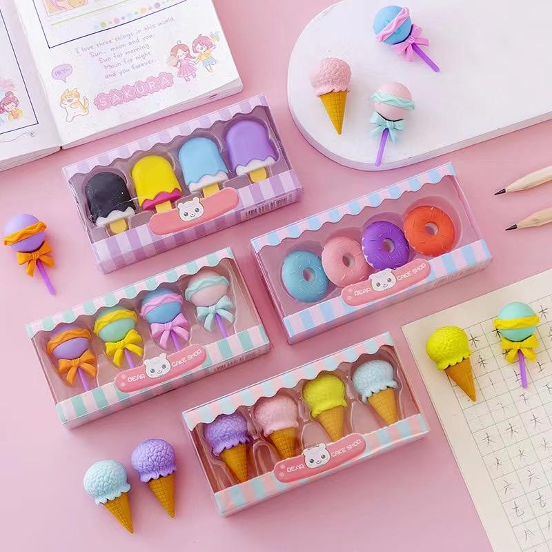 POPmaker shop Penghapus HC Set 4 Pcs H511 - Penghapus Karet Lucu Bentuk Es Krim, Donat, Lolipop & Pensil Karakter untuk Anak Sekolah, Eraser Bentuk Makanan yang Sweet & Fun COD - Gambar 2