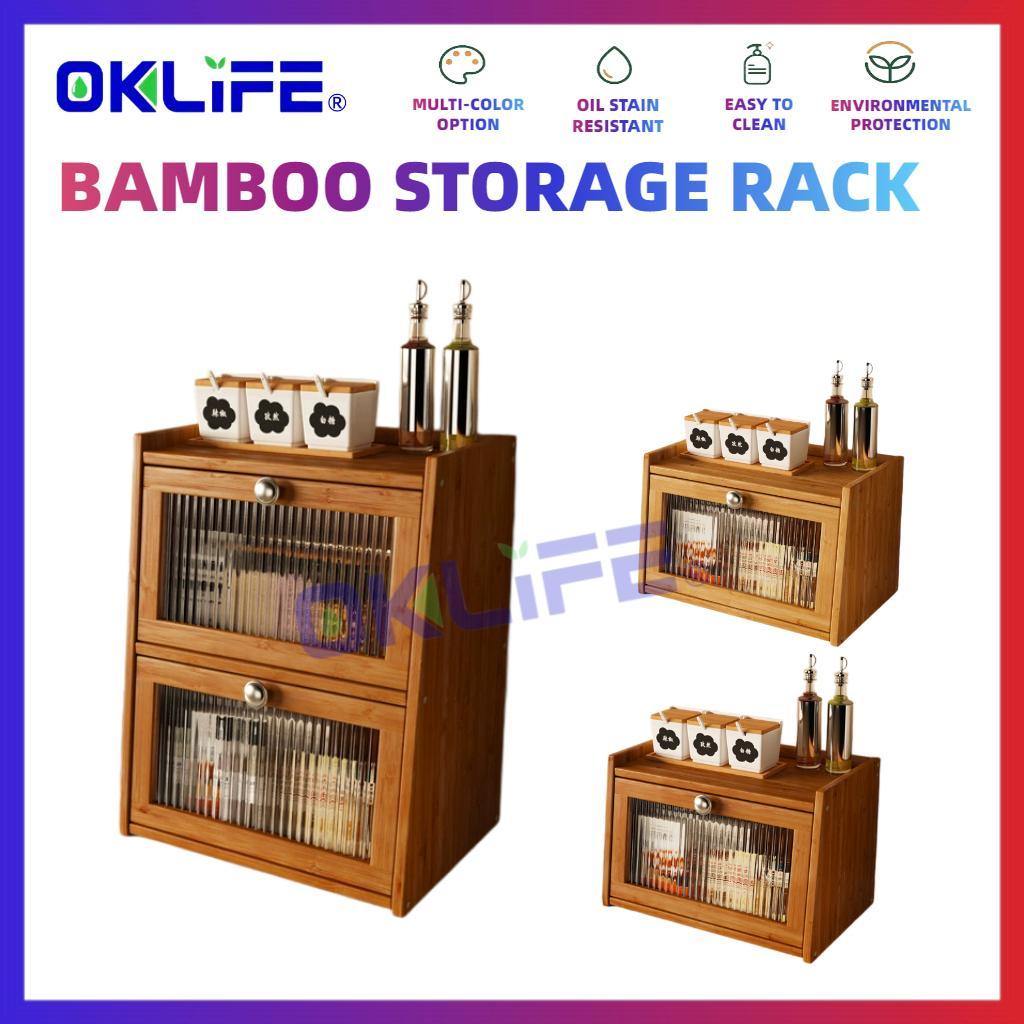 Natural Bamboo Countertop Cabinet Fluted Glass Door Kitchen Spice Rack Organizer for Home