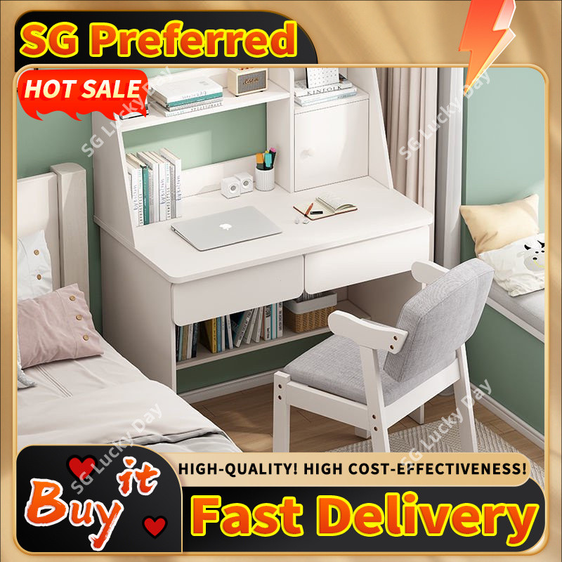 Study Table Computer Desk With Drawers And Bookshelf Desktop Solid Wood ...