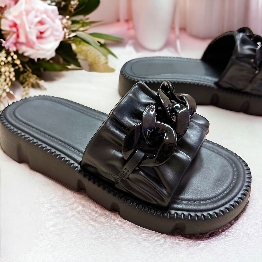 POPmaker shop Sandal Slop Wanita YU11 - Sendal Karet dengan Motif Kerut Rantai Simple, Desain Minimalis, Nyaman & Ringan untuk Daily Use COD - Gambar 3