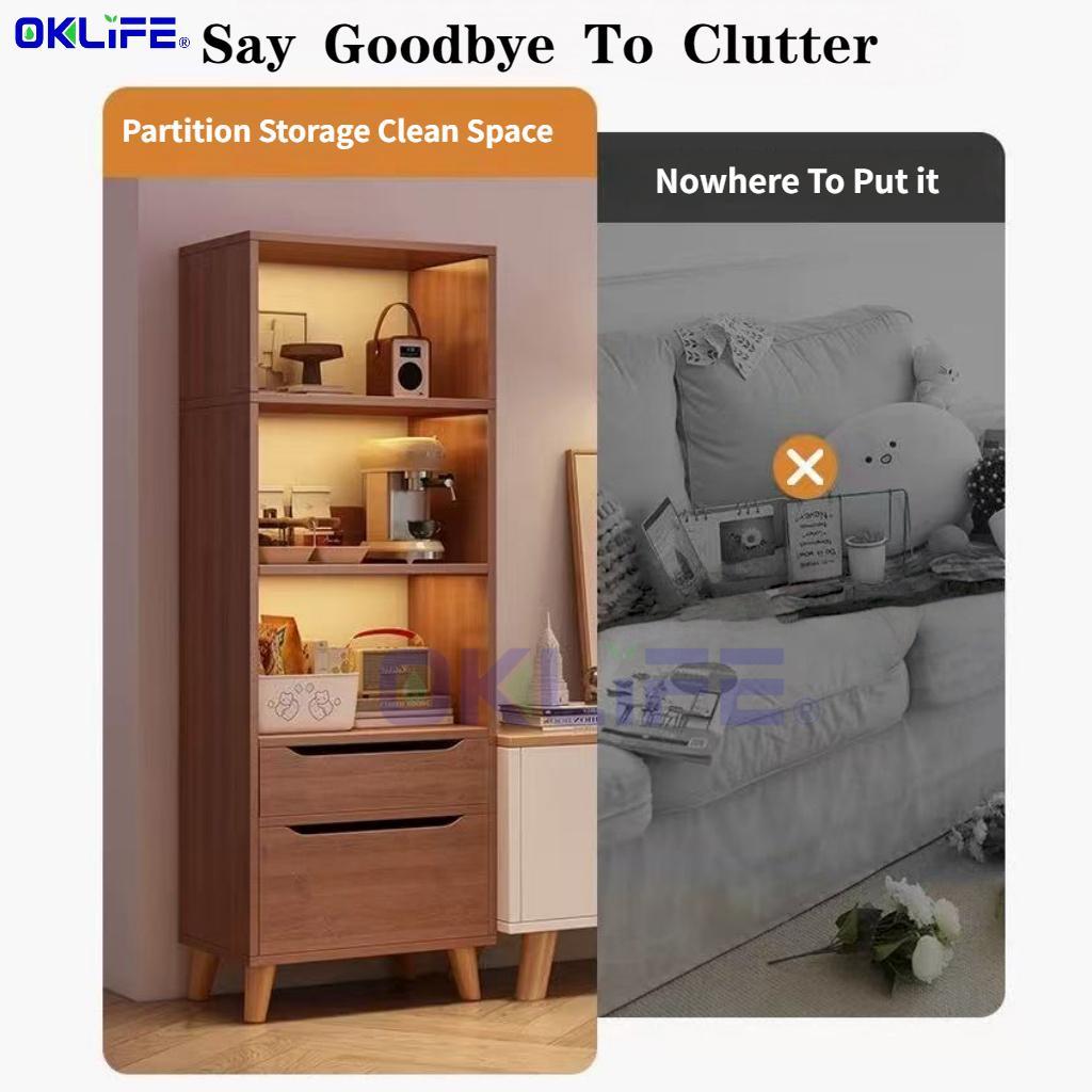 Tall Narrow Bookshelf with Drawers Wooden Storage Cabinet Open Shelf Unit for Bedroom Living Room view 7
