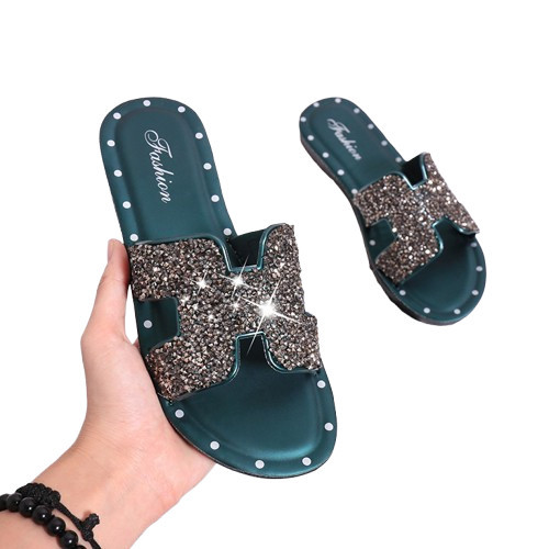 POPmaker shop Sandal Slop Wanita SP17 / Motif Manik-Manik Korea Import​ - Real Picture, Sandal Fashion dengan Hiasan Manik yang Cantik COD - Gambar 2