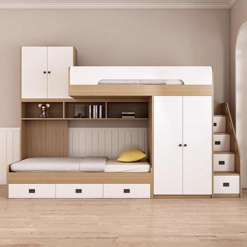 Offset Bunk Bed with Wardrobe, Solid Wood Double Decker Loft Bed for ...