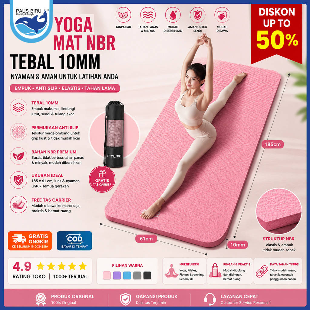 Paus Biru - Yoga Mat NBR Tebal 10mm Matras Olahraga Anti Slip 185x61cm / Karpet Yoga Elastis Tahan Panas & Minyak / Matras Senam Fitness Gym Empuk Nyaman Untuk Tulang Ekor Free Tas