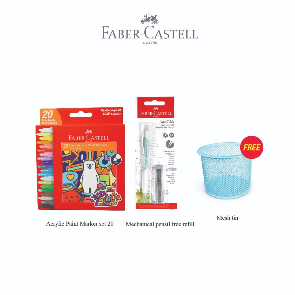Faber-Castell Easy Acrylic 20 Colors + Mechanical Pencil Auto Click Bonus Mesh Tin - Gambar 3