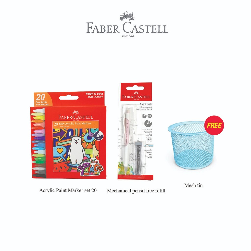 Faber-Castell Easy Acrylic 20 Colors + Mechanical Pencil Auto Click Bonus Mesh Tin - Gambar 2