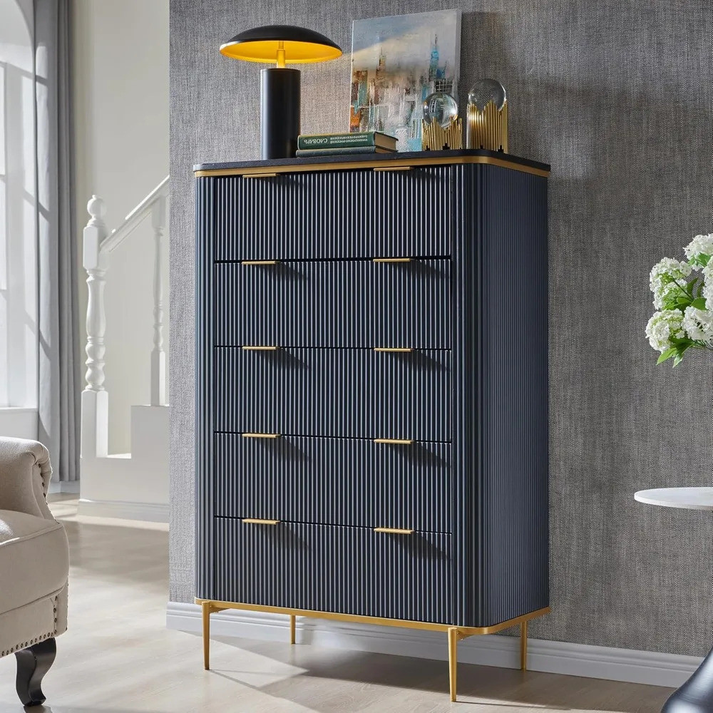 Fluted 5 Drawers Dresser, 48 Tall Modern Dresser Chest Of Drawers, Gold ...