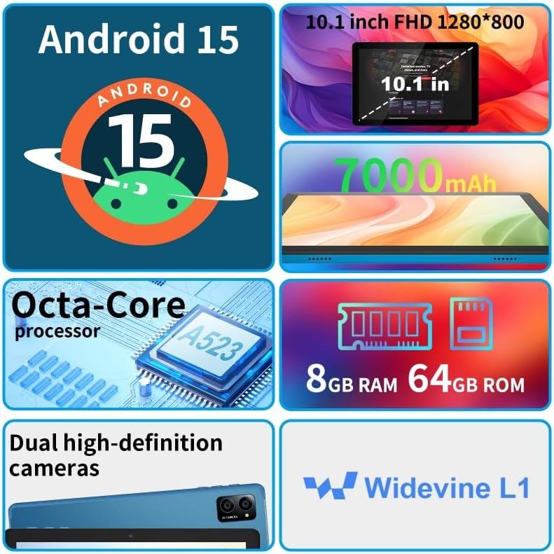 10 inch Android 15 Tablet: Octa-Core, 8GB RAM 64GB, 7000mAh, with Stand ...