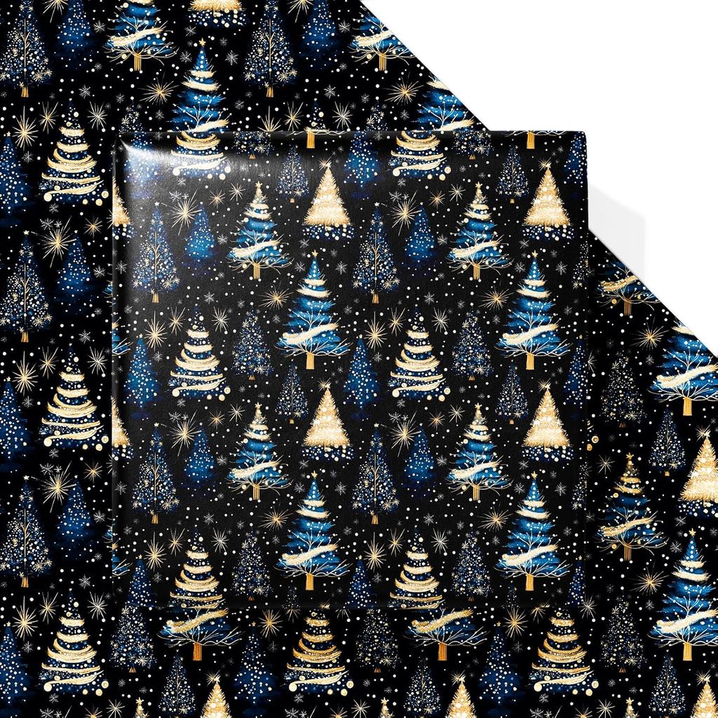 Vnaaem Christmas Tree Wrapping Paper for Kids Adults - Blue Xmas Gift ...