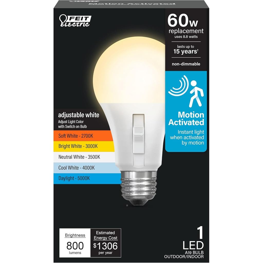 Feit Electric LED Motion Sensor Light Bulb, A19 60W Equivalent, 5CCT ...