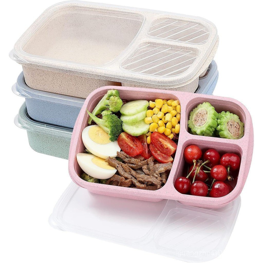 4 Pack Bento Lunch Box Set 3 Compartment Containers Wheat Straw Meal ...