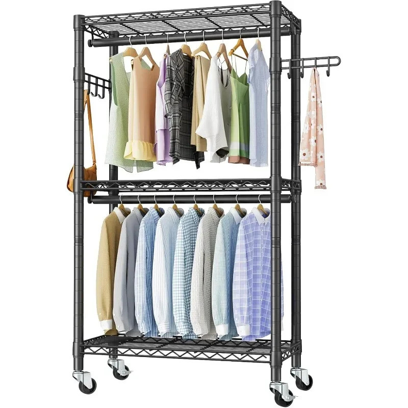 Heavy Duty Clothes Rack Rolling Garment Rack,3 Tier Adjustable Wire ...