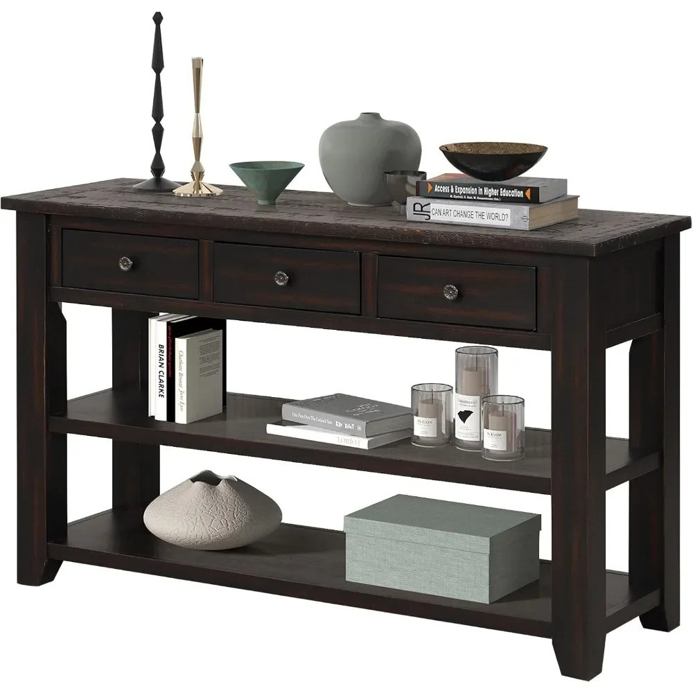 48 Solid Wood Console Table,pine Wood Sofa Table With Storage Drawers ...