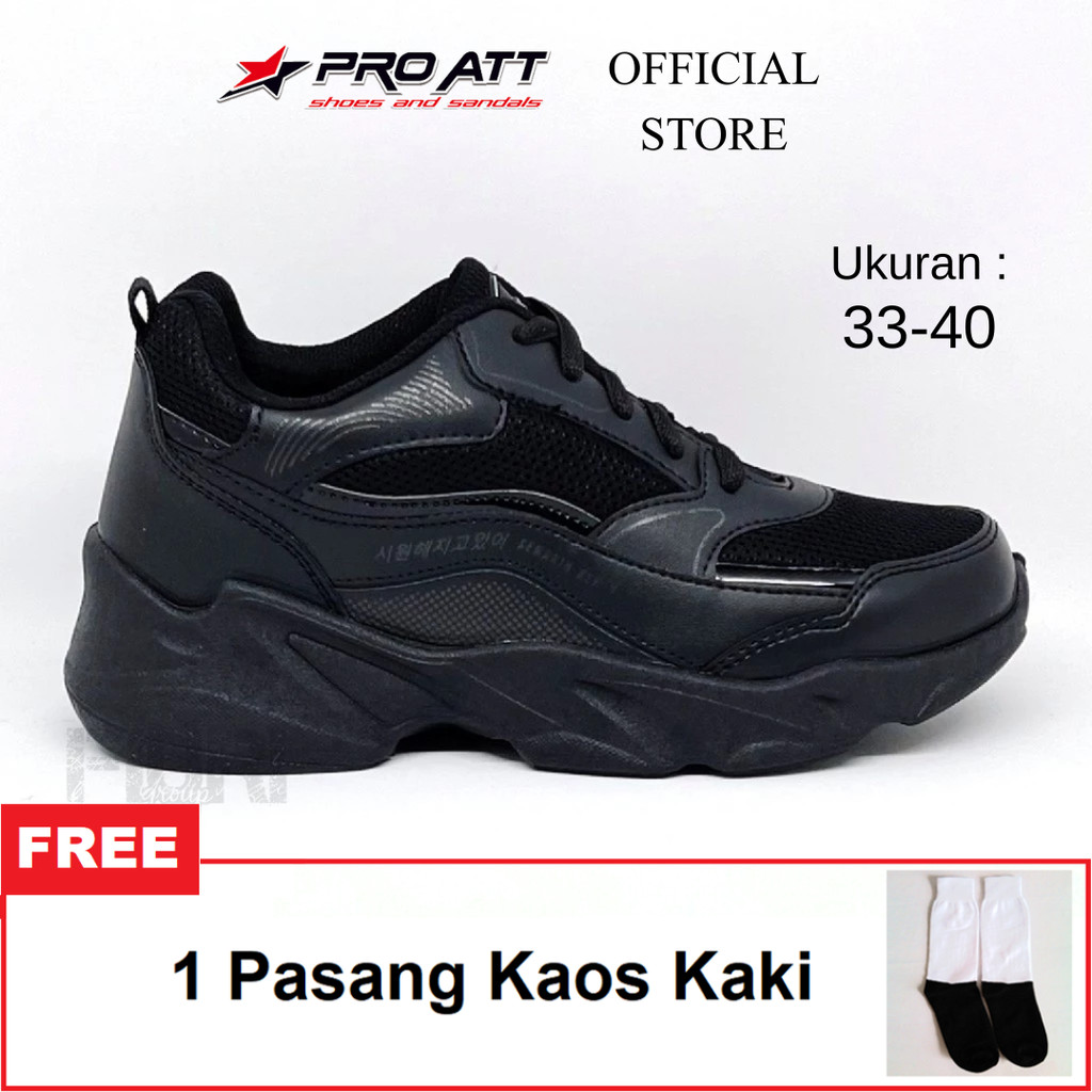 Pro Att - LIP 33-40 - Sepatu Sneakers Kets Sekolah Olahraga Anak SD SMP SMA Kuliah Kerja - Full Hitam