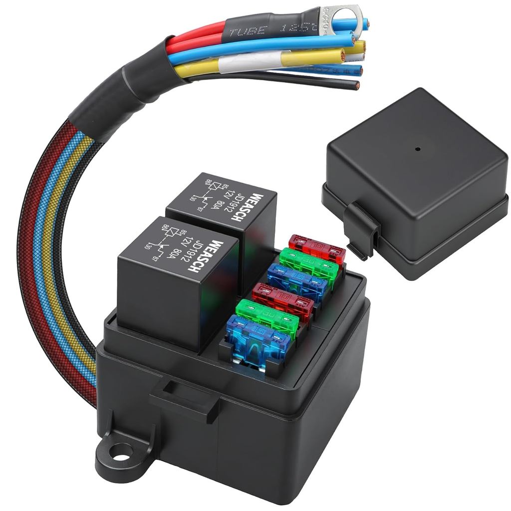 12V Pre-Wired Fuse Relay Box, 2 Relays and 6 ATC/ATO Blade Fuses, 4-Pin ...