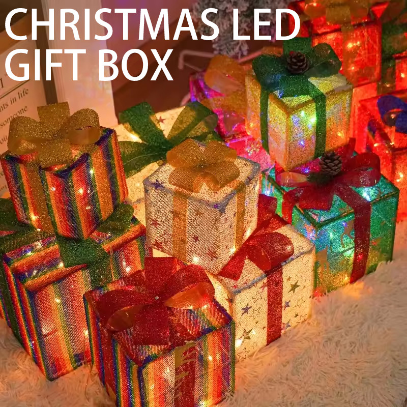 【SG Stock】Christmas Gift Box Set with Bows String Lights Xmas Present ...