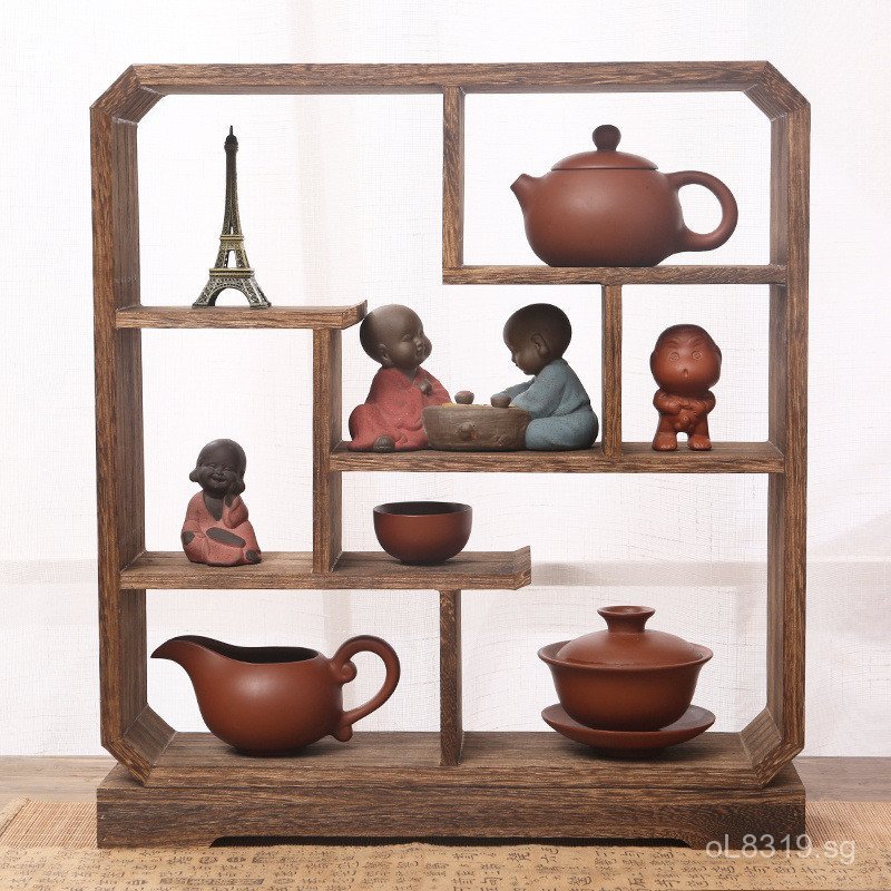 Chinese Style Desktop Purple Clay Teapot Solid Wood Small Rack Display ...